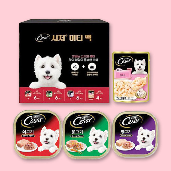 YEW_시저 미티 믹스팩 (쇠고기캔 100g 6개+불고기캔 100g 6개+양고리캔 100g 6개+닭고기파우치 70g 4개)