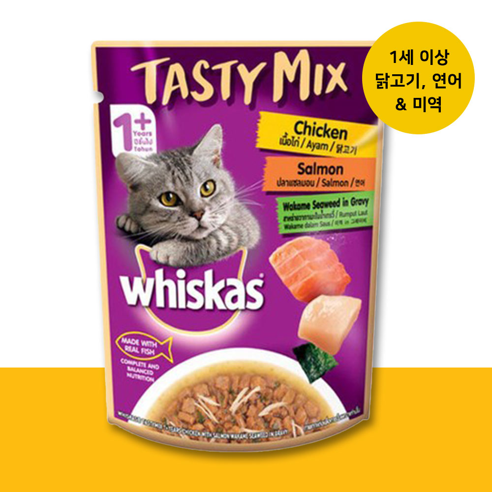 YEW_위스카스 고양이사료 테이스티믹스 닭고기, 연어와 미역 그레이비소스 70g
